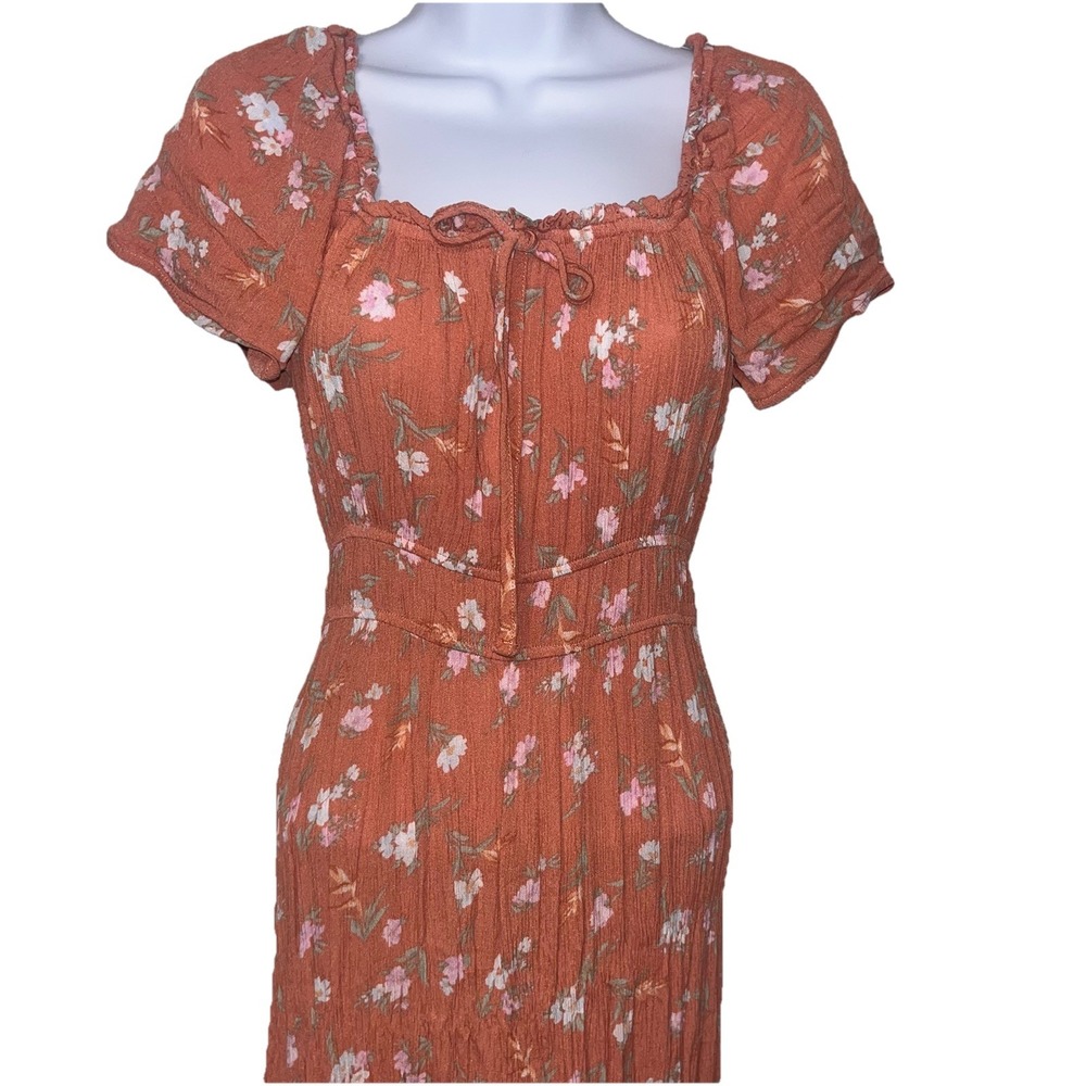 Pink Rose Dress Women M Orange Floral Short Sleeve Crinkle Rayon Boho Cottage